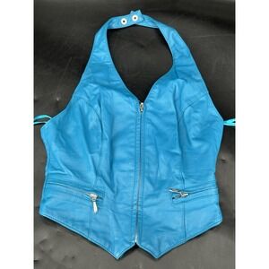 Vintage Wilson Leather Halter Top Turquoise Blue Zip Up Biker Babe Top Size S